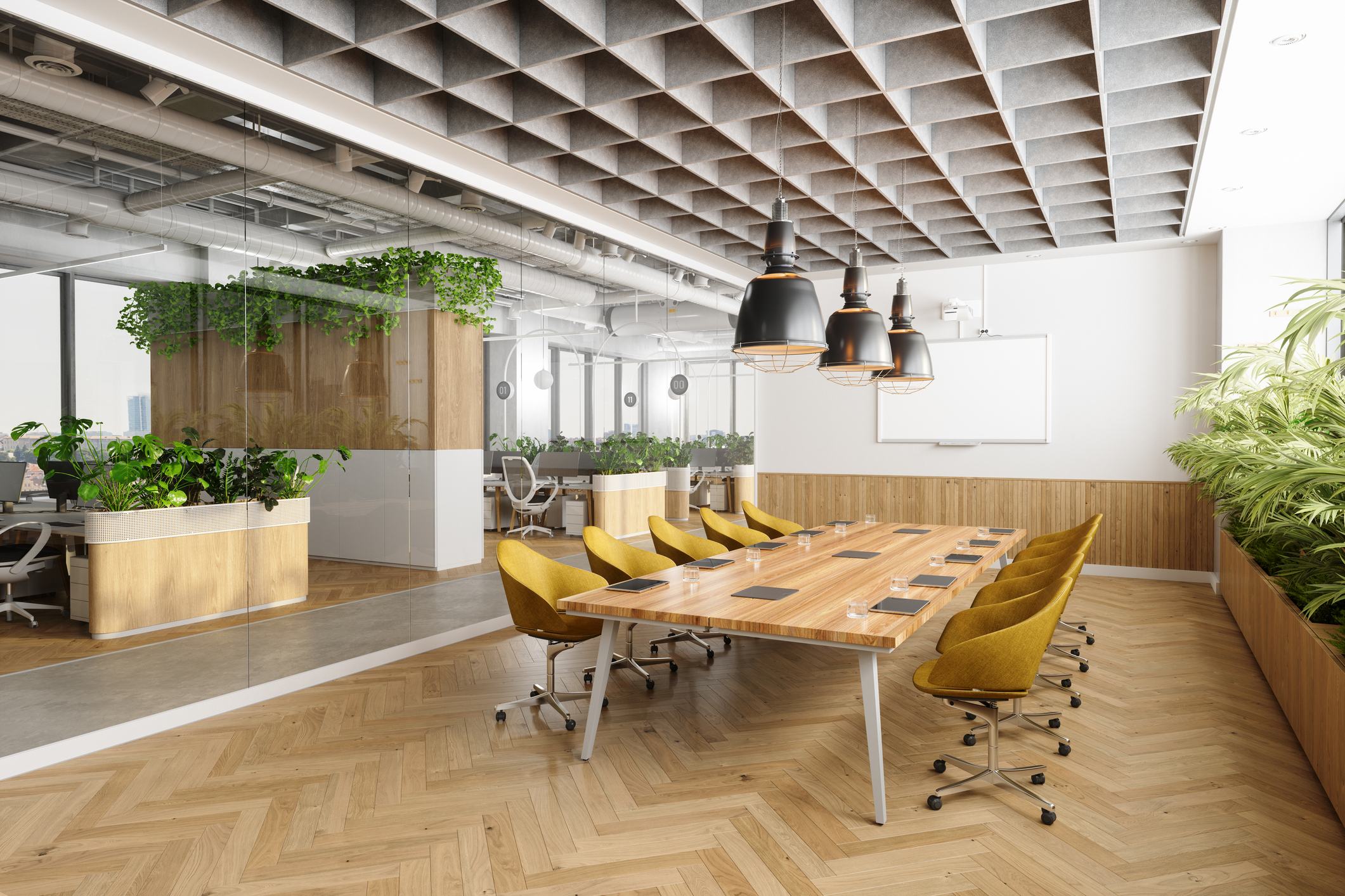 Eco-Friendly Open Plan Modern Office Interior With Meeting Room. Wooden Meeting Table, Yellow Chairs, Plants And Parquet Floor